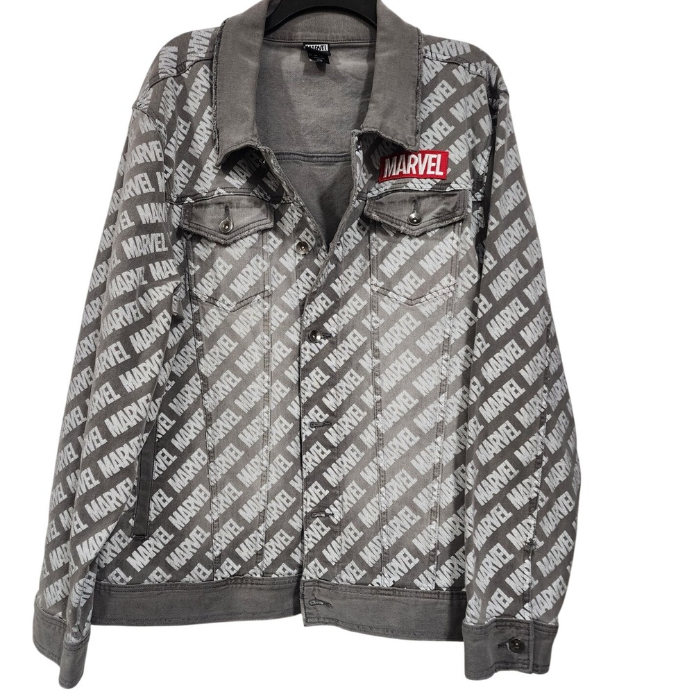 Disney Marvel Universe Jacket‎ Mens XXL All Over Print Gray Denim Trucker